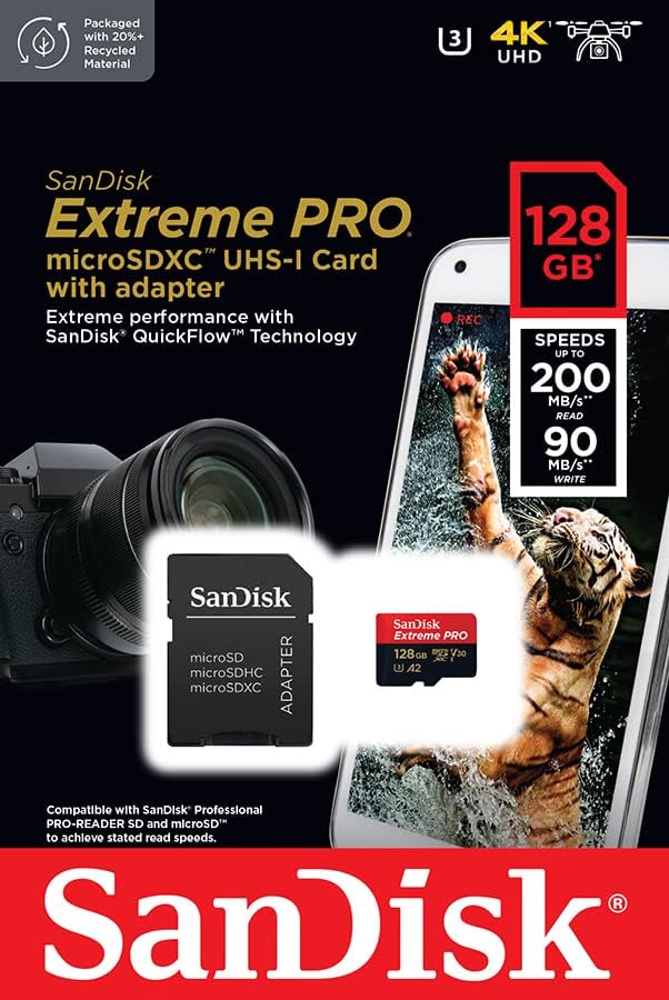 SanDisk 128GB Extreme Pro microSD UHS I Card / 200MB/s Read, 90MB/s Write