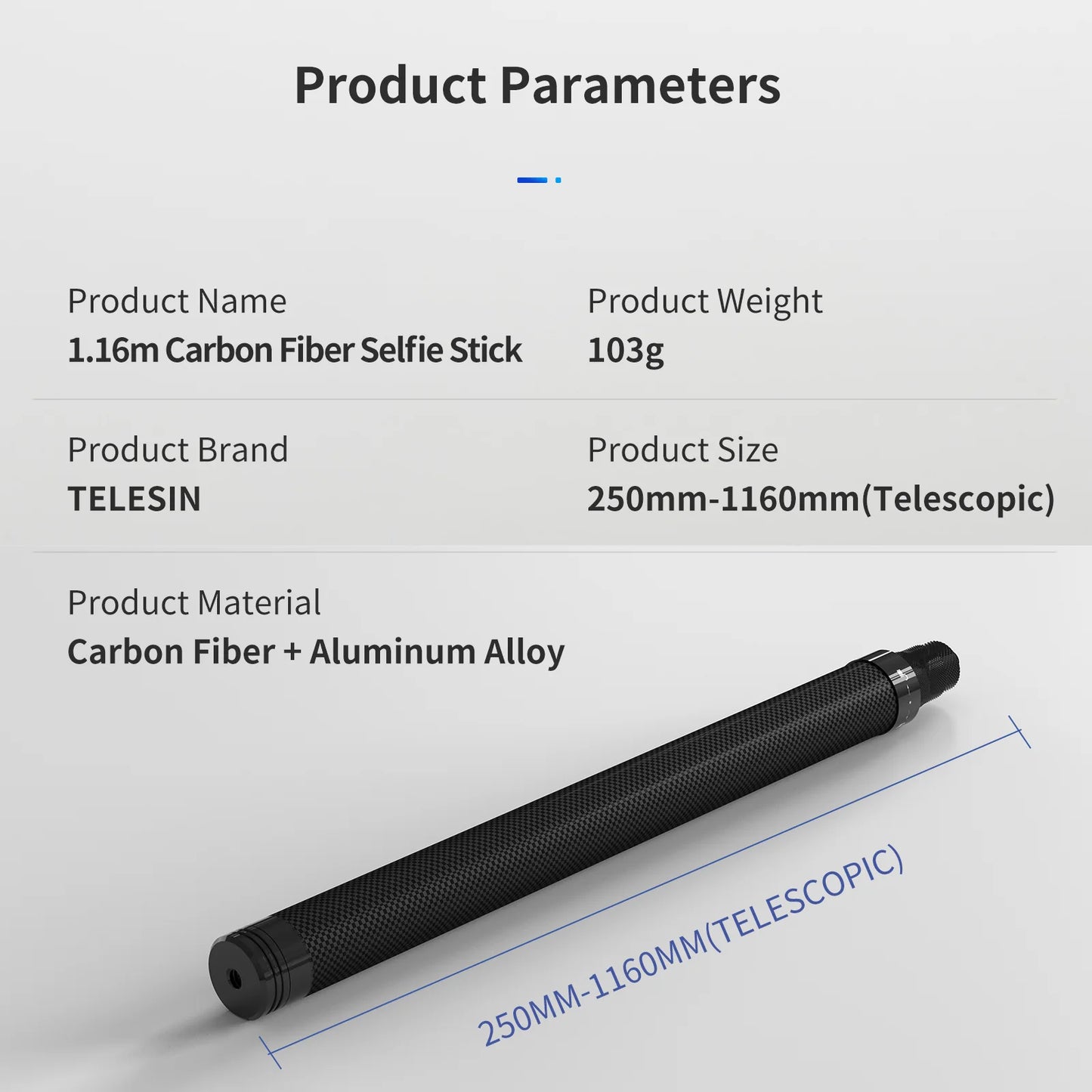 TELESIN 1.16m Carbon Fiber Ultra Light Selfie-Stick for GoPro and all Action Cameras