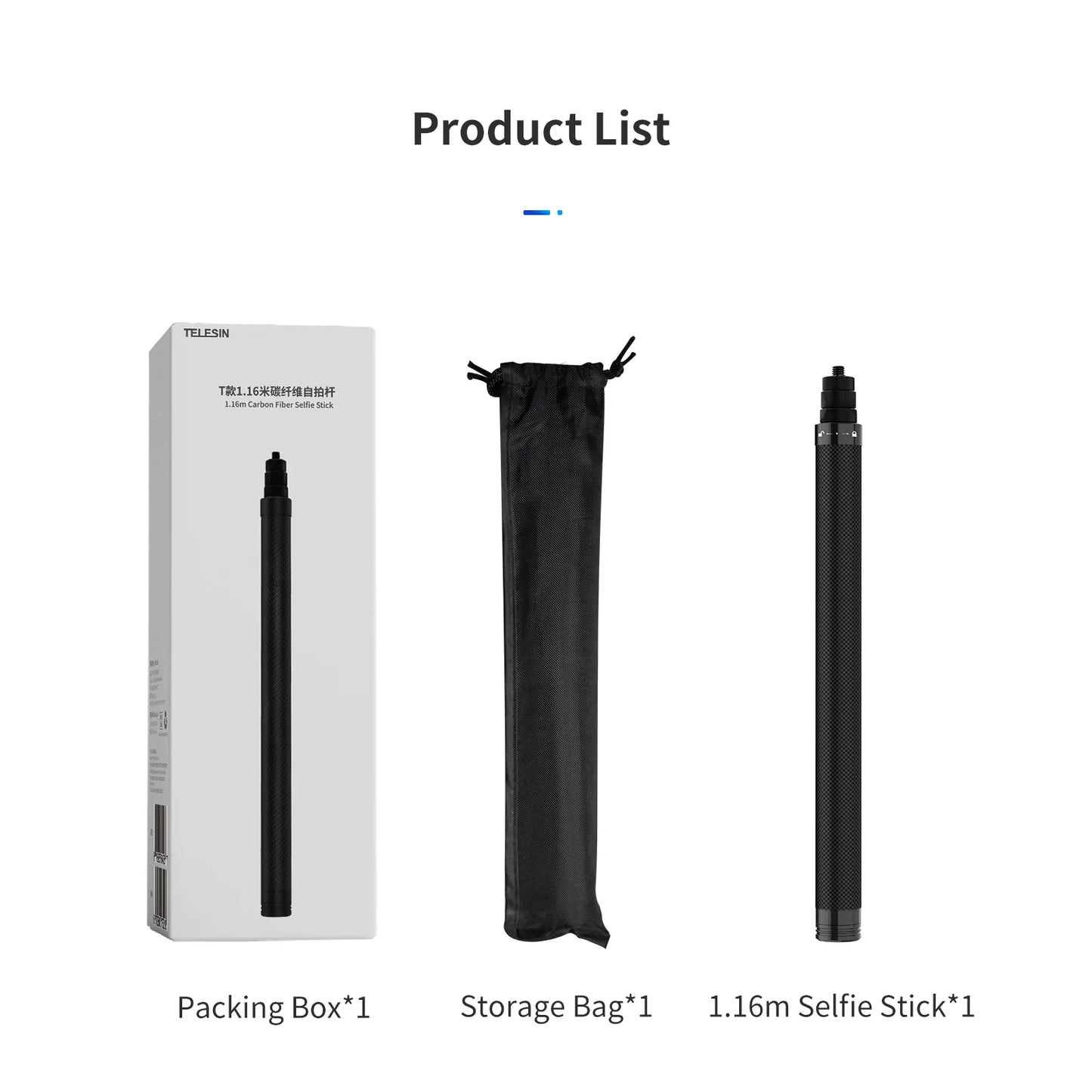 TELESIN 1.16m Carbon Fiber Ultra Light Selfie-Stick for GoPro and all Action Cameras