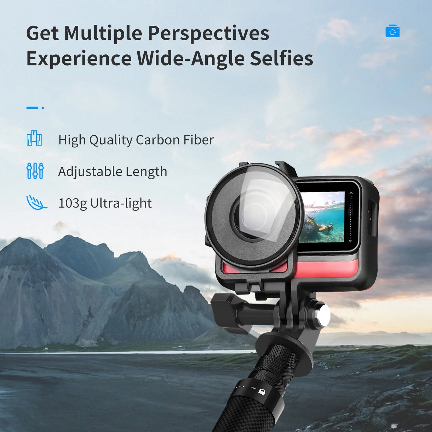 TELESIN 1.16m Carbon Fiber Ultra Light Selfie-Stick for GoPro and all Action Cameras