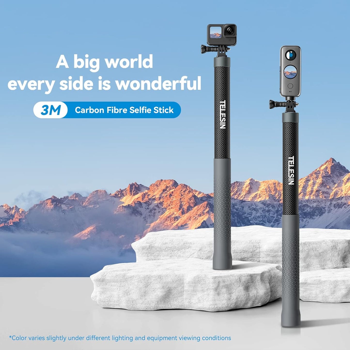 TELESIN 3 Meter Ultra Long Waterproof Carbon Fiber Selfie Stick for Action Cameras