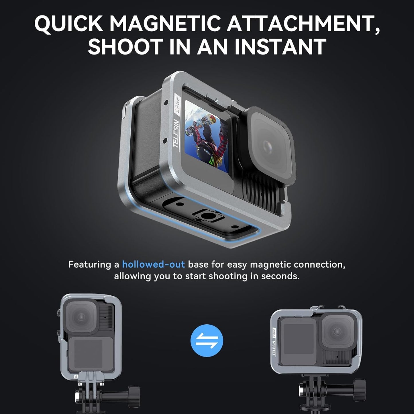 TELESIN Aluminum Metal Cage for GoPro HERO 13/12/11/10 | Protective Housing Frame Case with Lens Filter Compatibility and Cold Shoe Mount