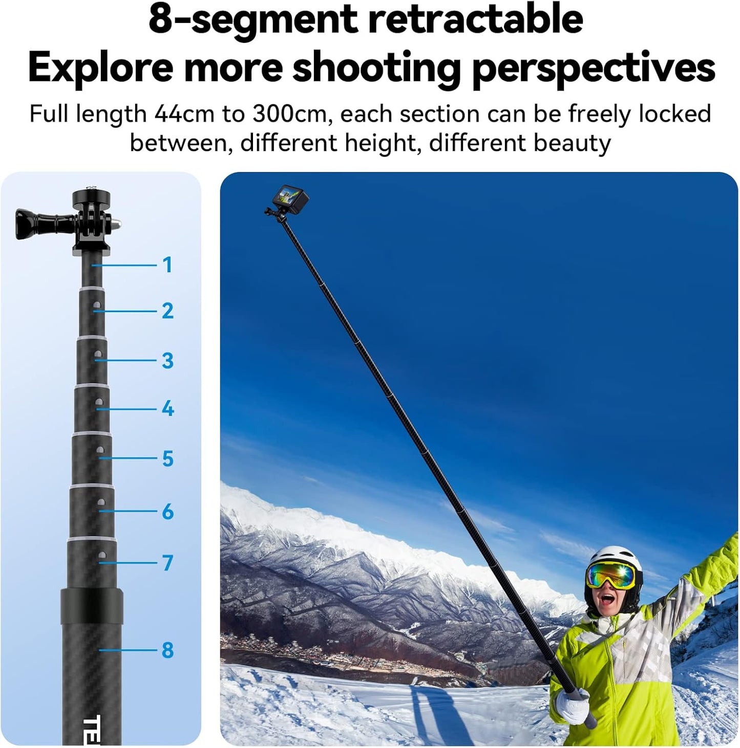 TELESIN 3 Meter Ultra Long Waterproof Carbon Fiber Selfie Stick for Action Cameras