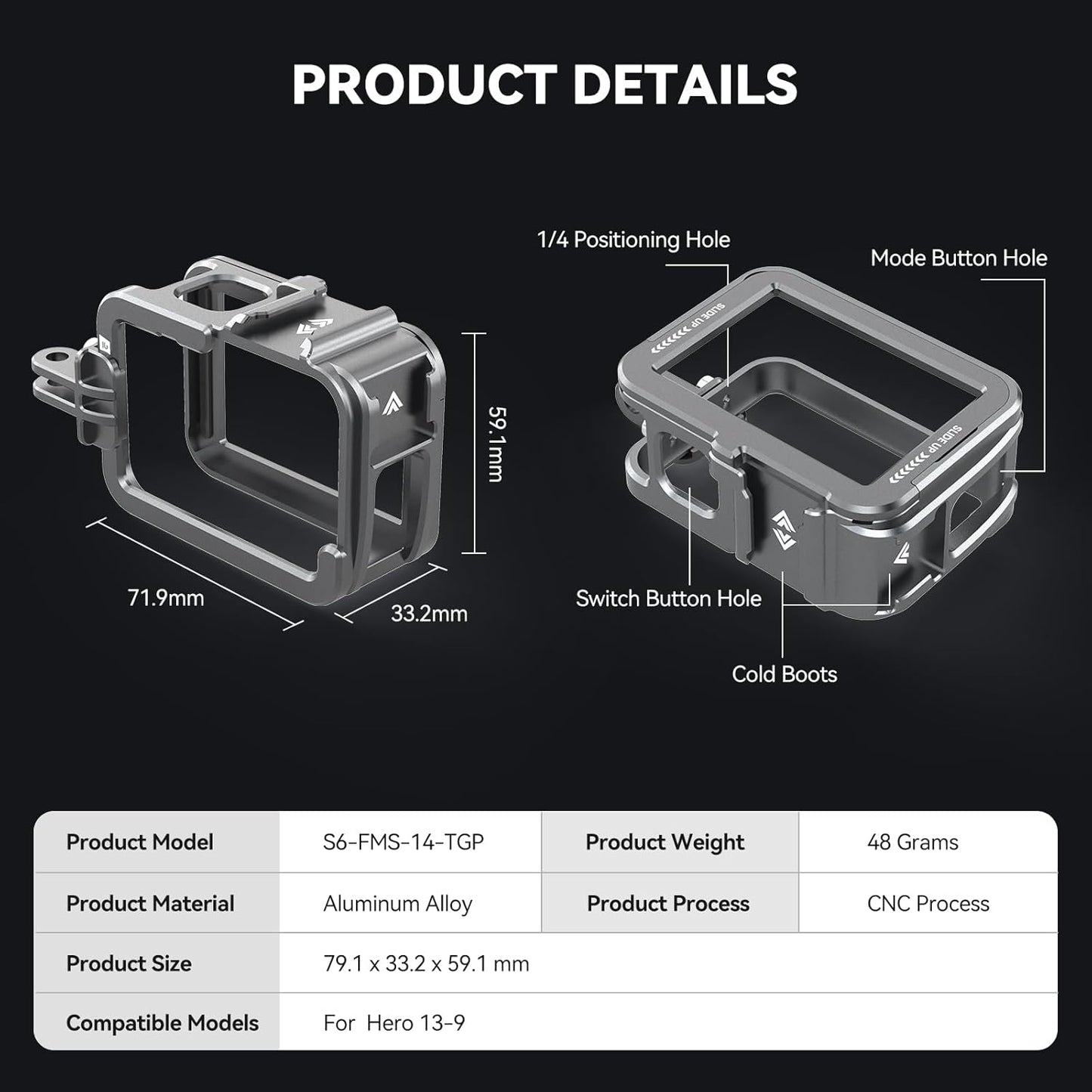 TELESIN Aluminum Metal Cage for GoPro HERO 13/12/11/10 | Protective Housing Frame Case with Lens Filter Compatibility and Cold Shoe Mount
